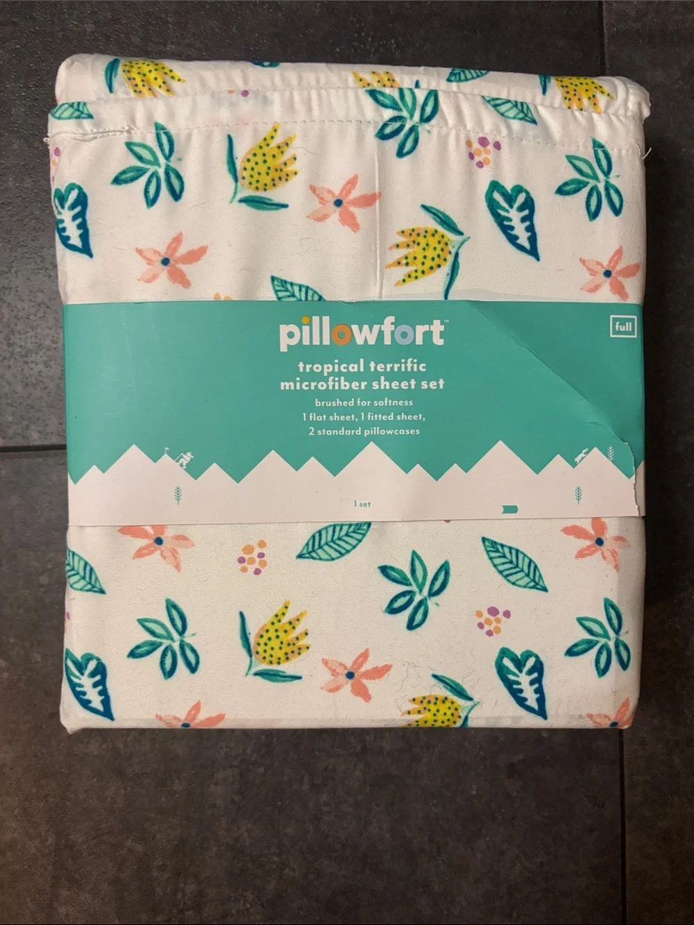 Pillowfort White Microfiber Sheet Set with Teal, Yellow and Coral Floral Print
